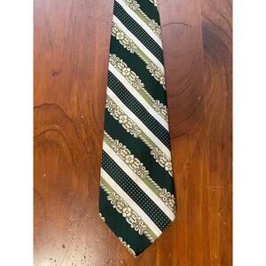 Vintage Grenada by Excello Mens Neck Tie Green White Stipe Floral Decorative